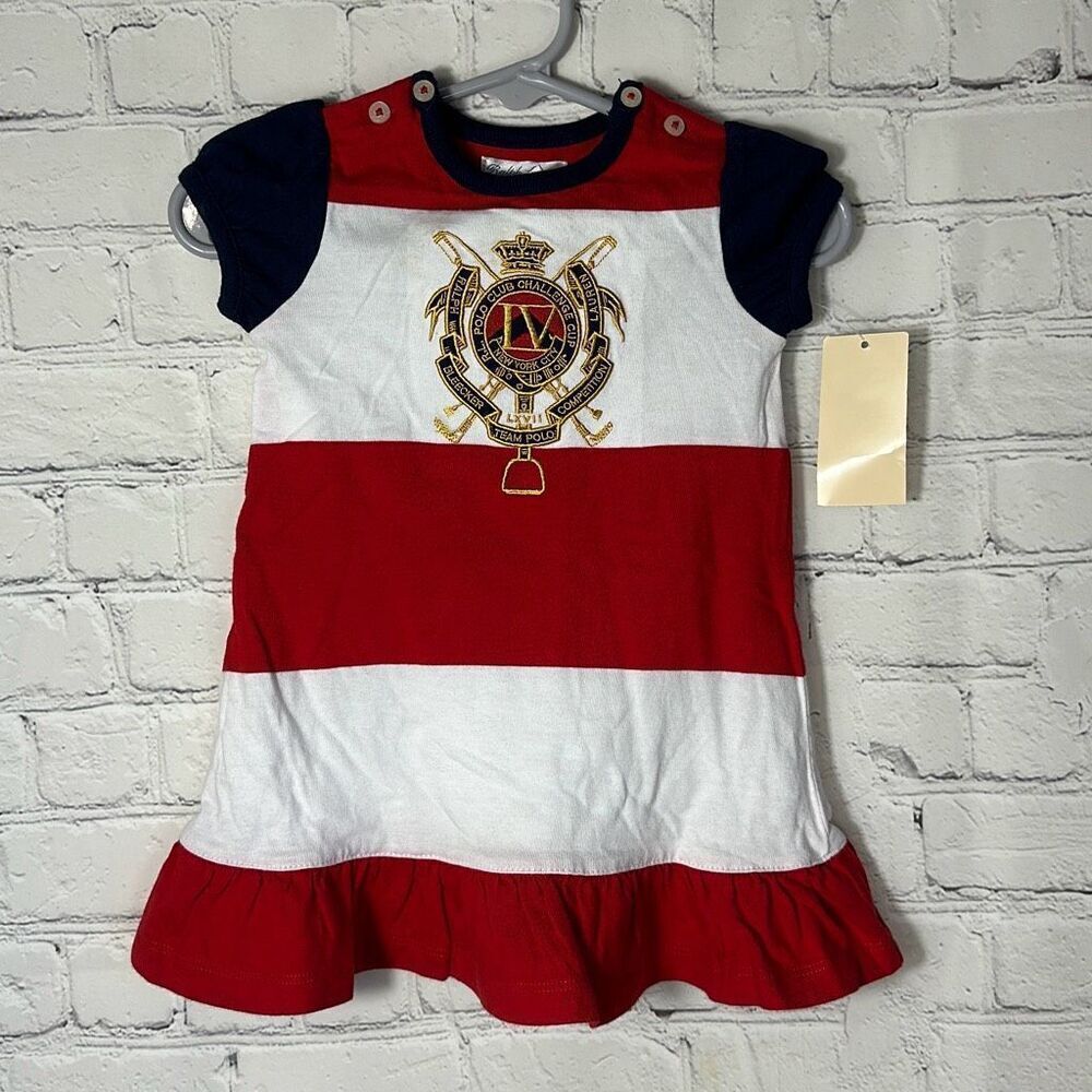 Ralph Lauren Crest Dress Girls Red White Blue Dress with Bloomers size 6M NEW‎